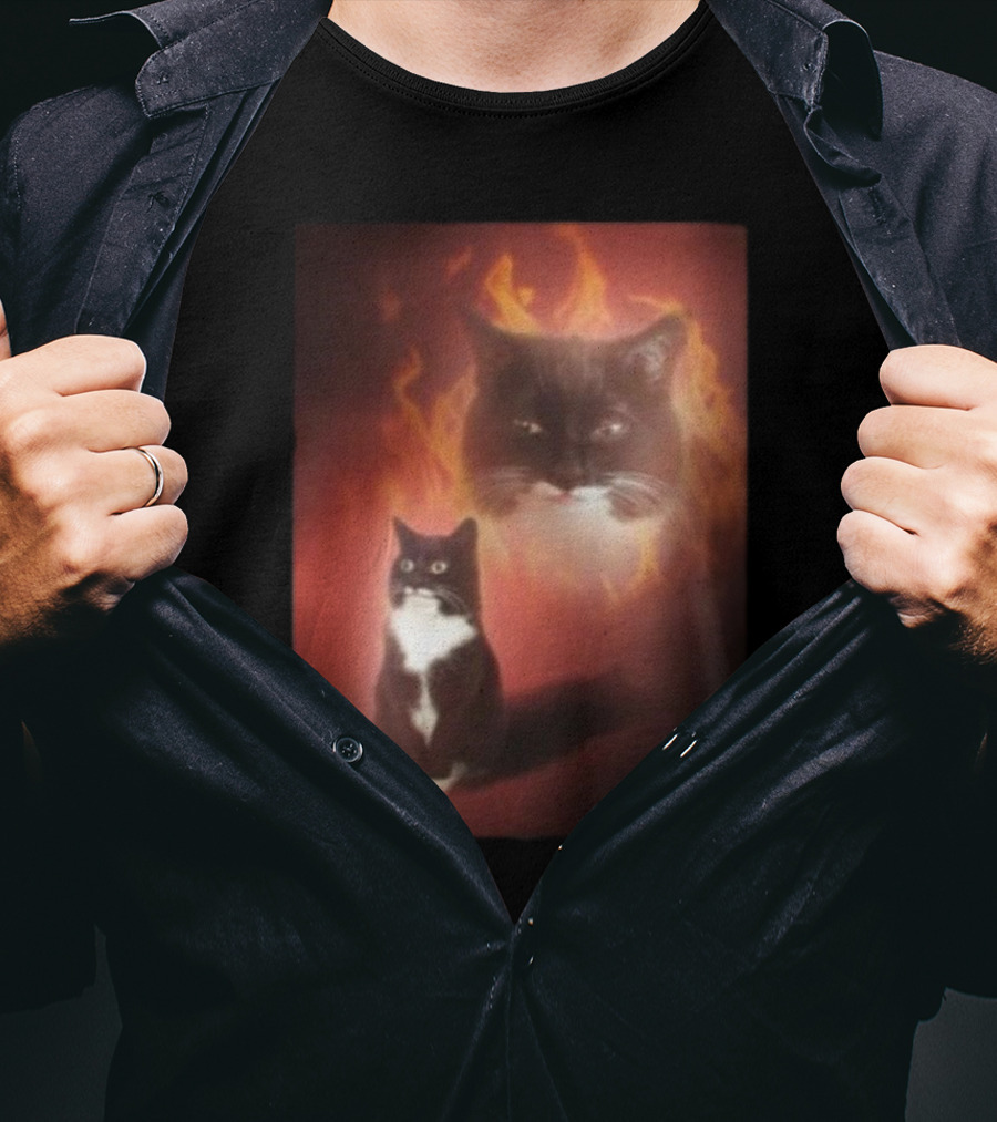 Olan Meows Black And White Cat Flames Retro Theme T-Shirt