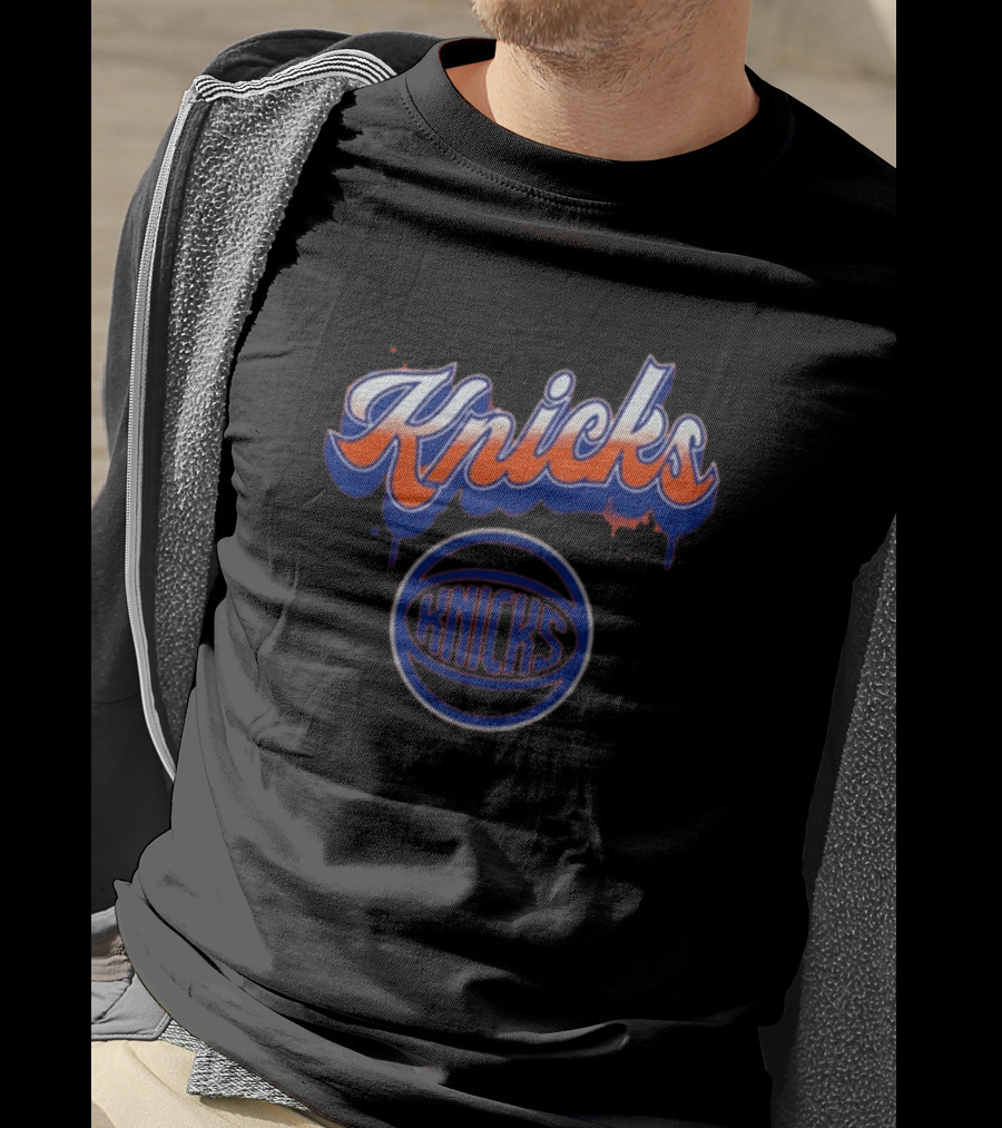 New York Knicks Orange Blue Bubbly Script Basketball Emblem T-Shirt