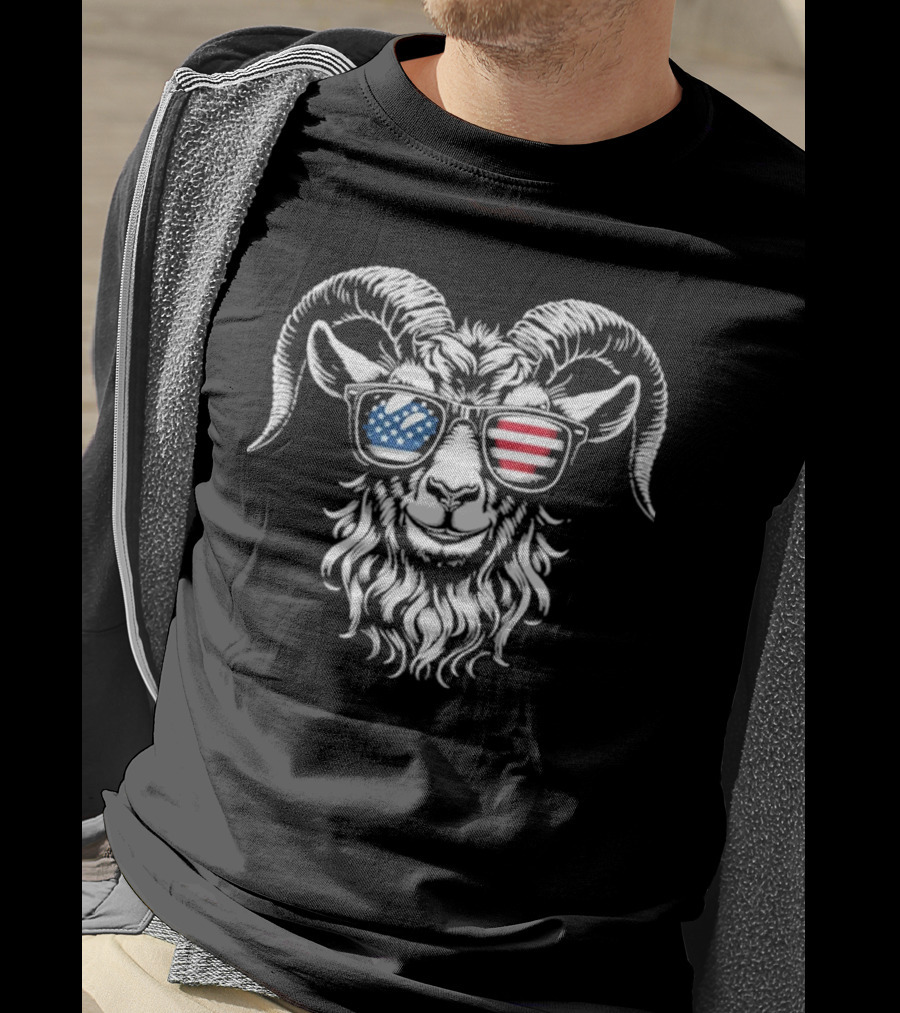 Patriotic Goat With American Flag Sunglasses Design T-Shirt