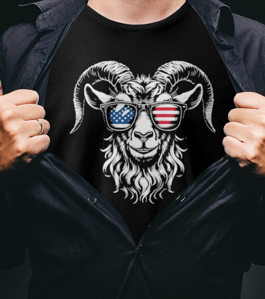 Patriotic Goat With American Flag Sunglasses Design T-Shirt