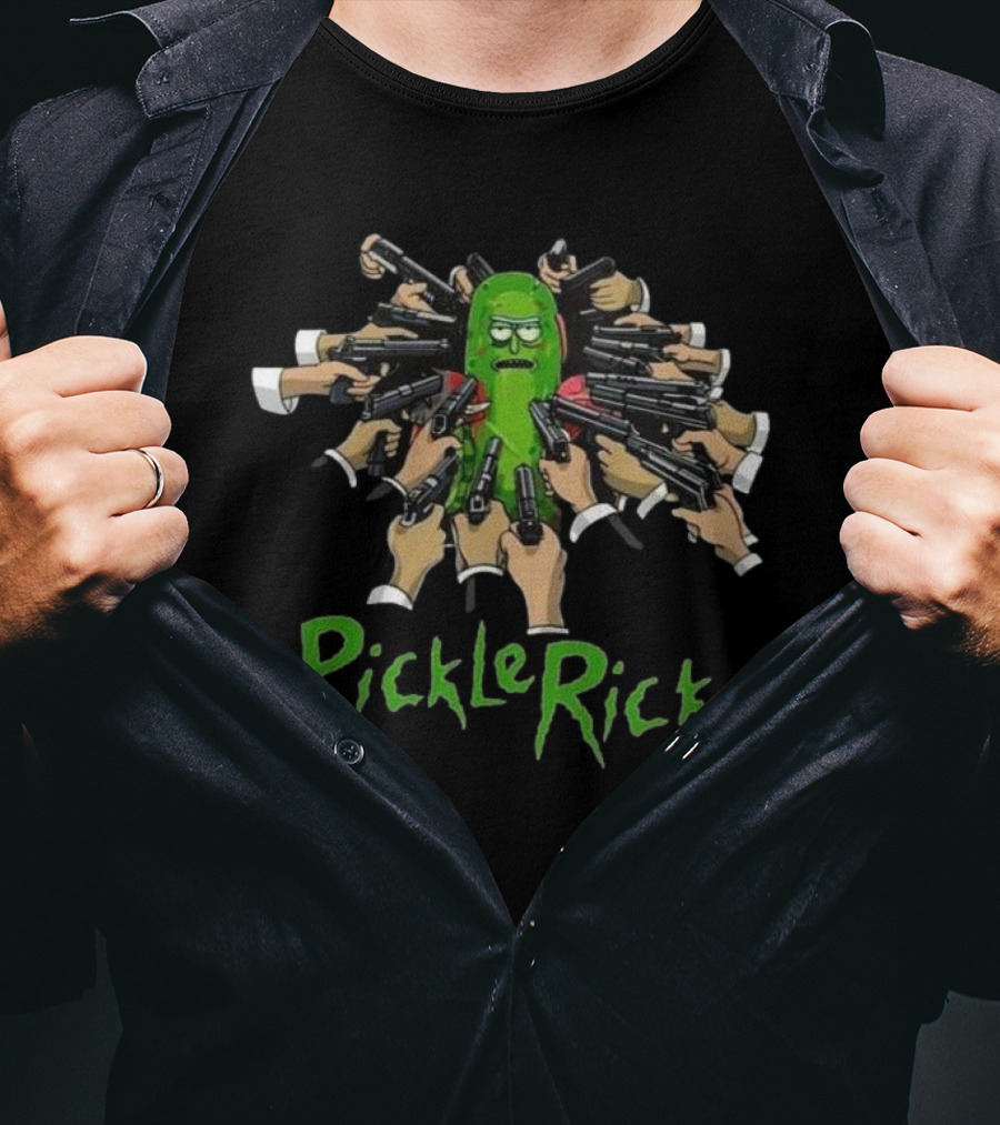Pickle Rick Surrounded By Guns John Wick Baba Yaga Style T-Shirt