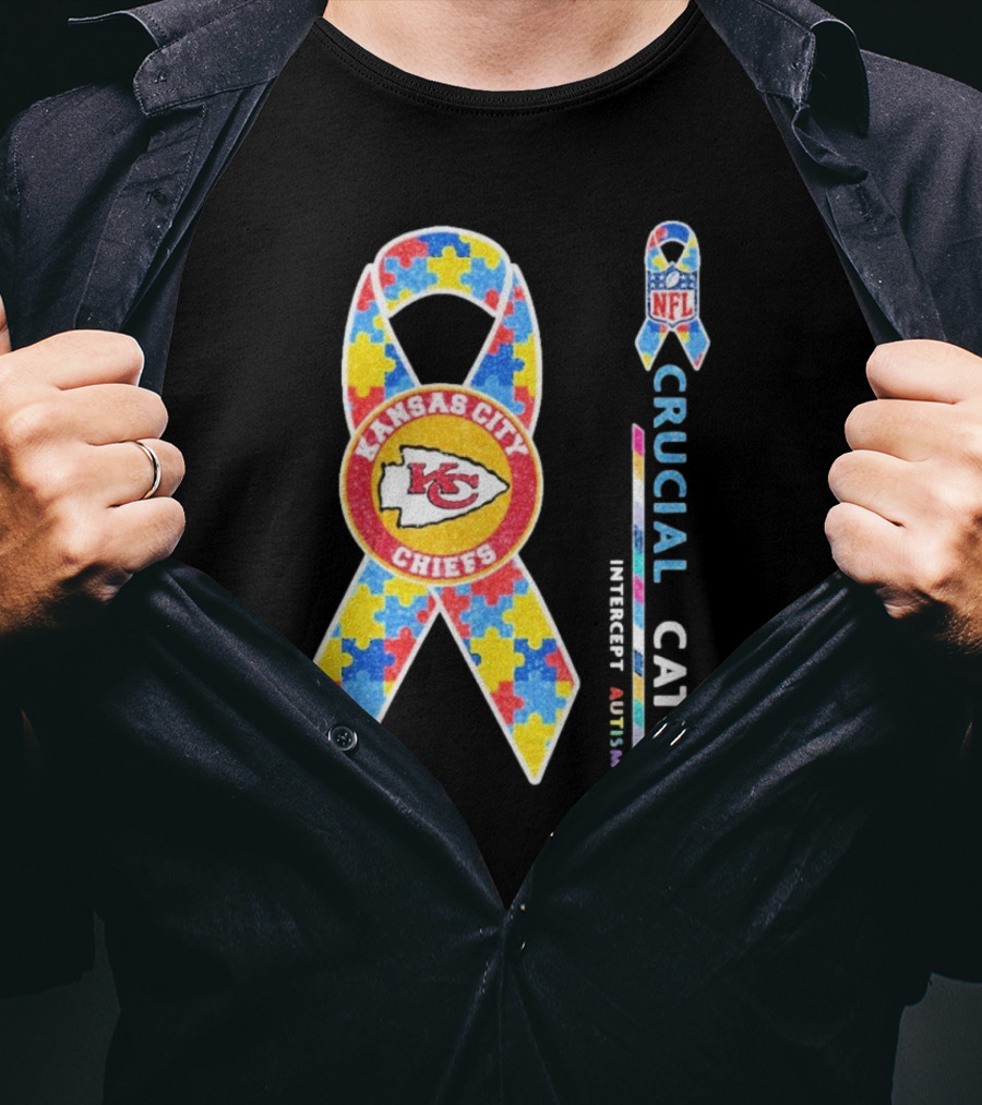 Kansas City Chiefs NFL Puzzle Ribbon Autism Awareness Crucial Catch T-Shirt