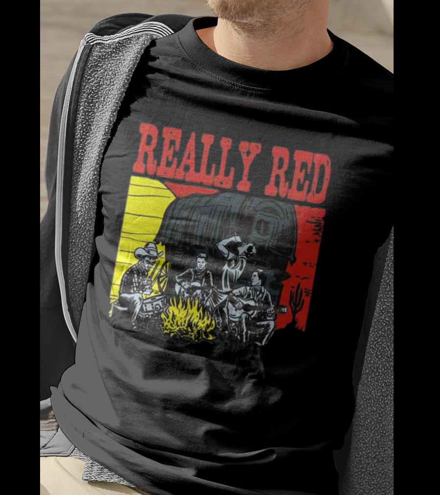 Really Red Cow Punks Campfire Scene With Musical Cowboys And Wagon T-Shirt