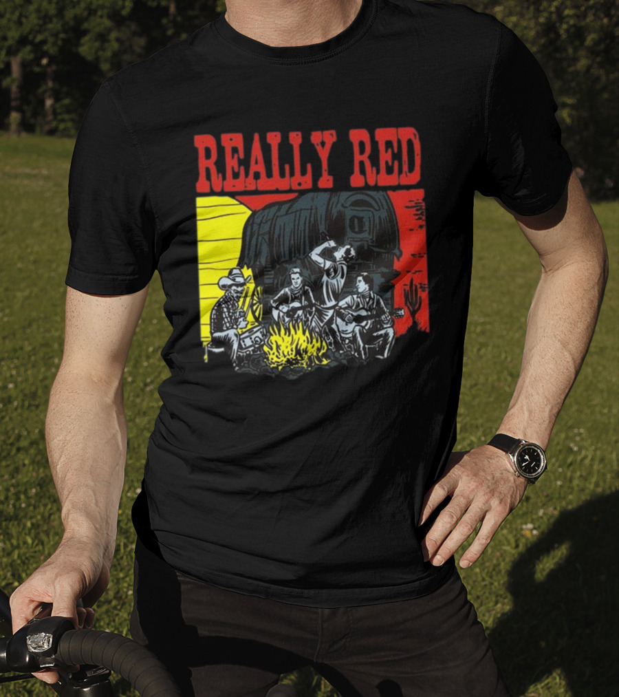 Really Red Cow Punks Campfire Scene With Musical Cowboys And Wagon T-Shirt