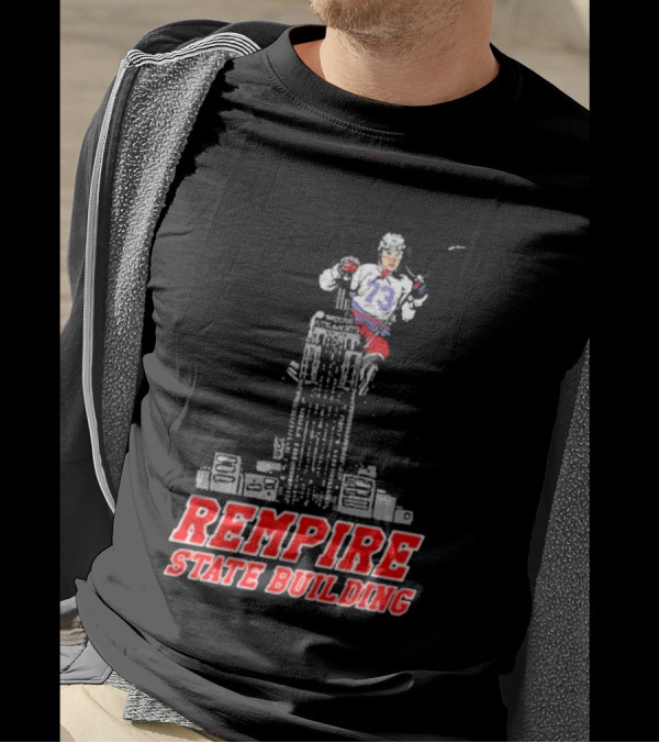 Rempire State Building Red And Blue Hockey Player Skyscraper Concept T-Shirt