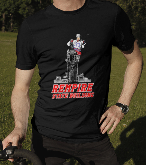 Rempire State Building Red And Blue Hockey Player Skyscraper Concept T-Shirt