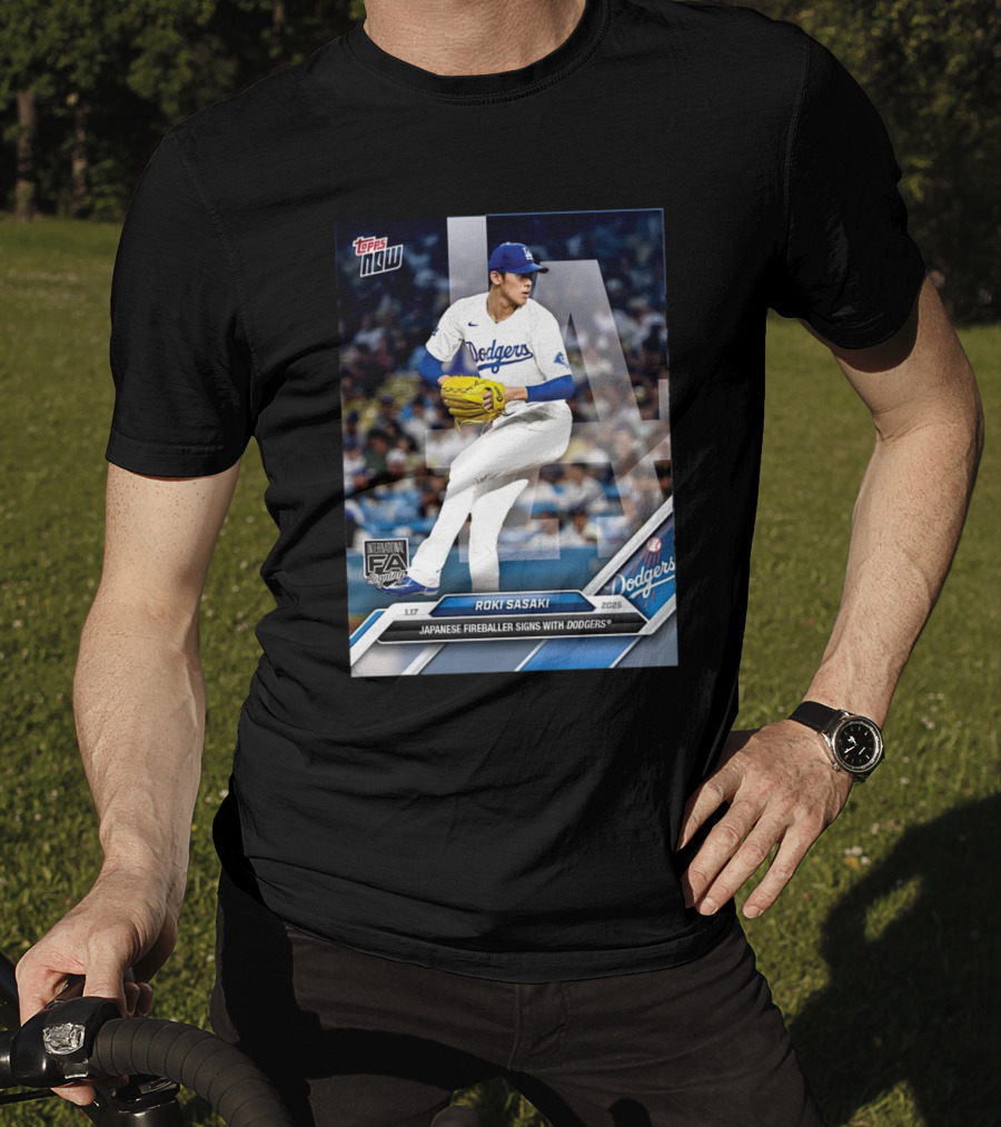 Topps Now Roki Sasaki 2025 International FA Signing Dodgers T-Shirt