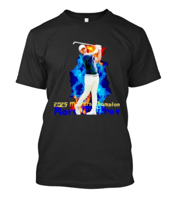 Rory McIlroy 2025 Masters Champion Golf Swing With Fire And Blue Flame Background T-Shirt