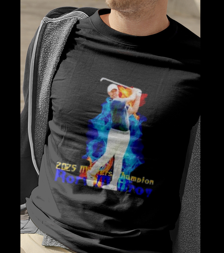 Rory McIlroy 2025 Masters Champion Golf Swing With Fire And Blue Flame Background T-Shirt