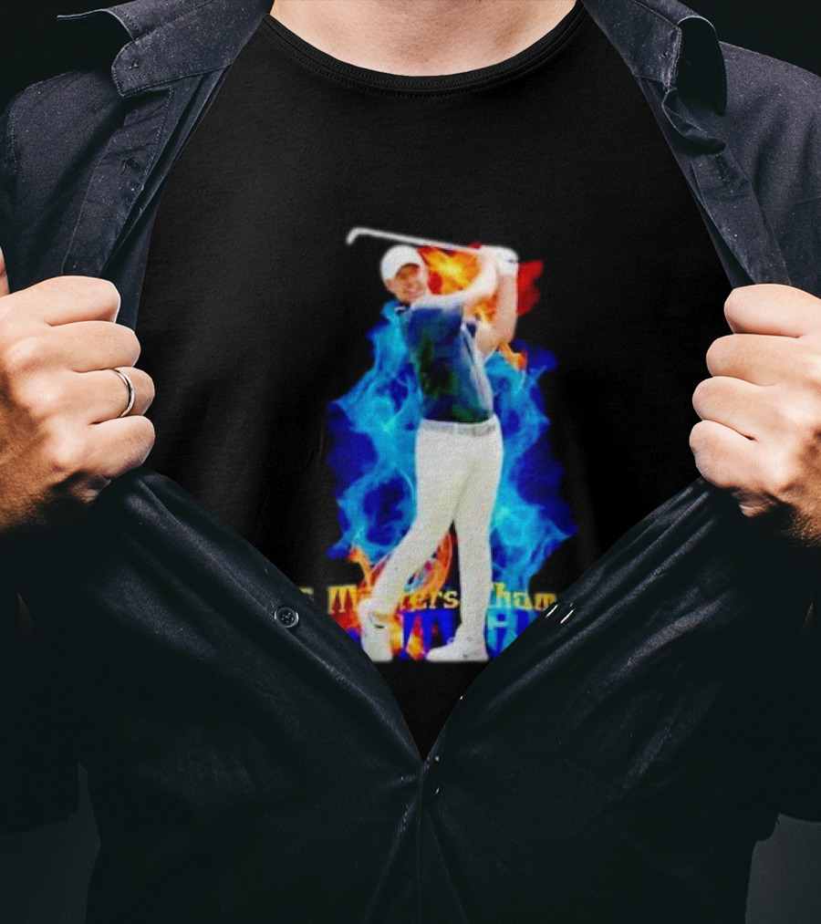 Rory McIlroy 2025 Masters Champion Golf Swing With Fire And Blue Flame Background T-Shirt