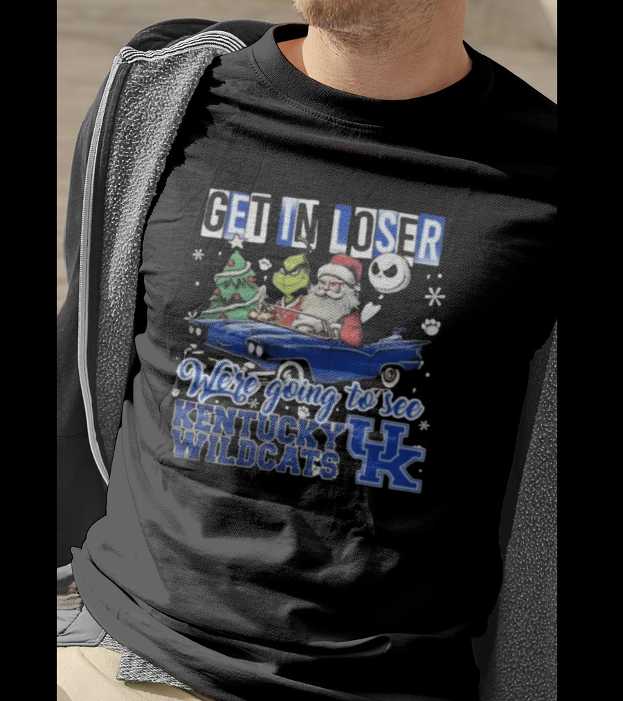 Get In Loser Santa Grinch Jack Skellington Driving Car Kentucky Wildcats Christmas T-Shirt