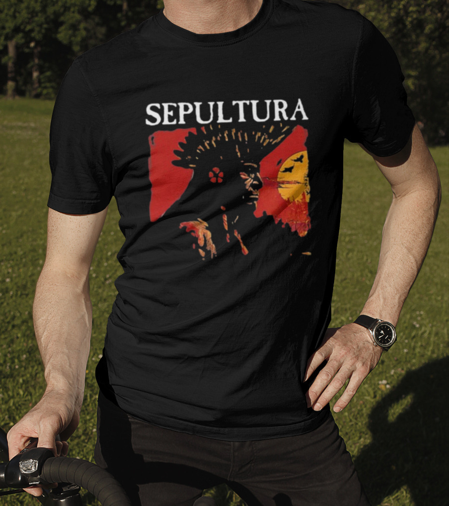 Sepultura Celebrating Life Through Death Black Sunburst And Sunset Scene T-Shirt