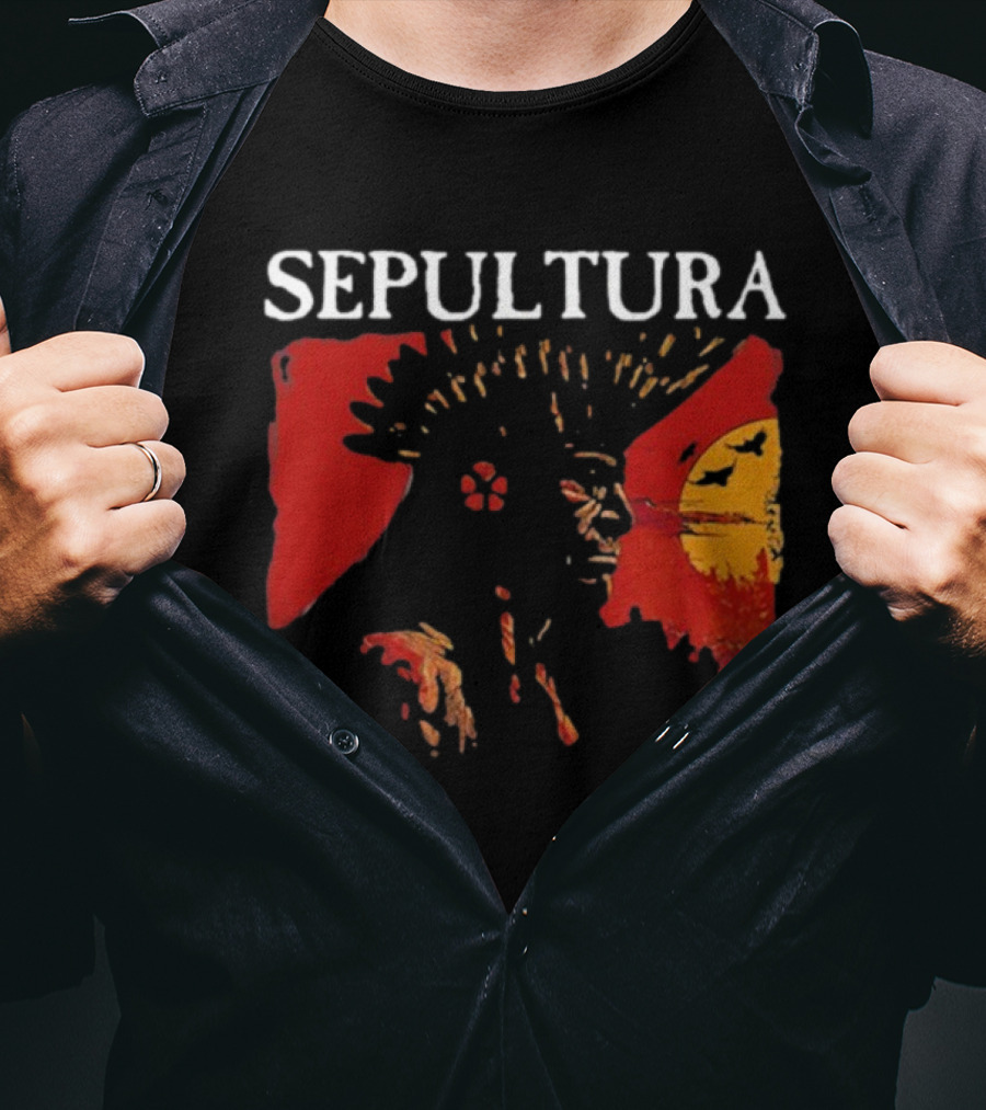Sepultura Celebrating Life Through Death Black Sunburst And Sunset Scene T-Shirt