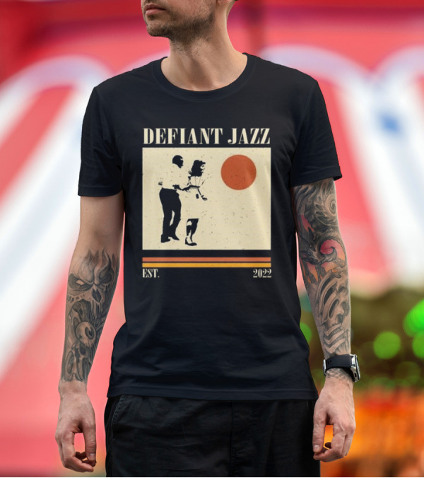 Premium T-Shirt: Defiant Jazz Est 2022 Dancing Silhouette with Orange Circle T-Shirt Defiant Jazz Est 2022 Dancing Silhouette with Orange Circle T-Shirt