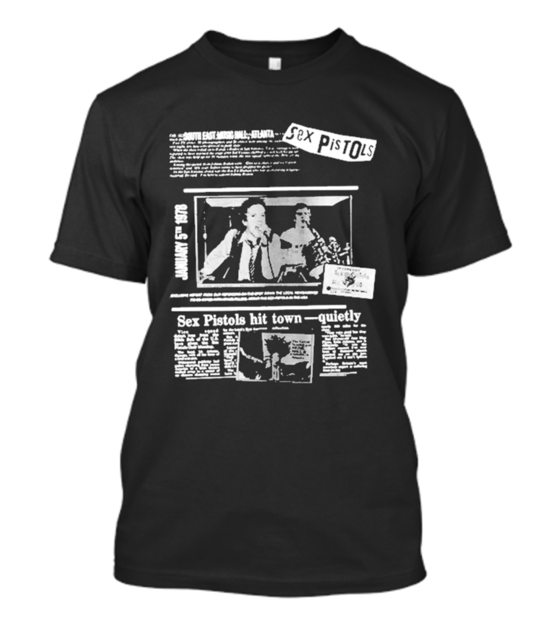 Sex Pistols Hit Town Quietly Live In The USA '78 South East Music Hall Atlanta Concert Newspaper Style Design T-Shirt