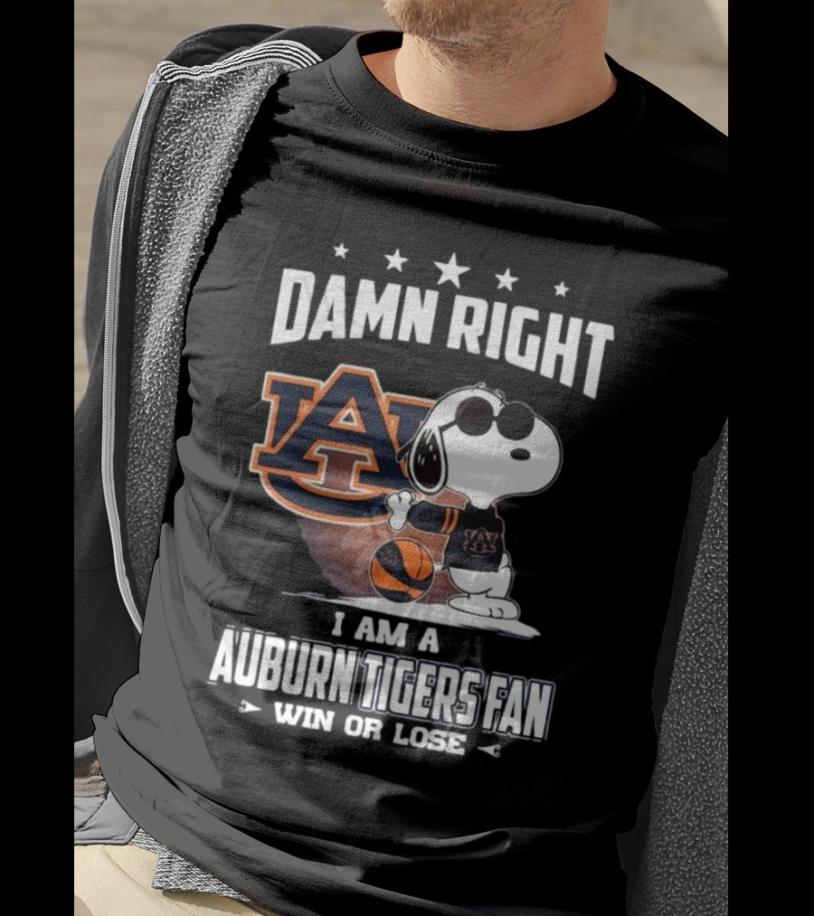 Damn Right I Am A Auburn Tigers Fan Win Or Lose Snoopy Auburn Logo T-Shirt