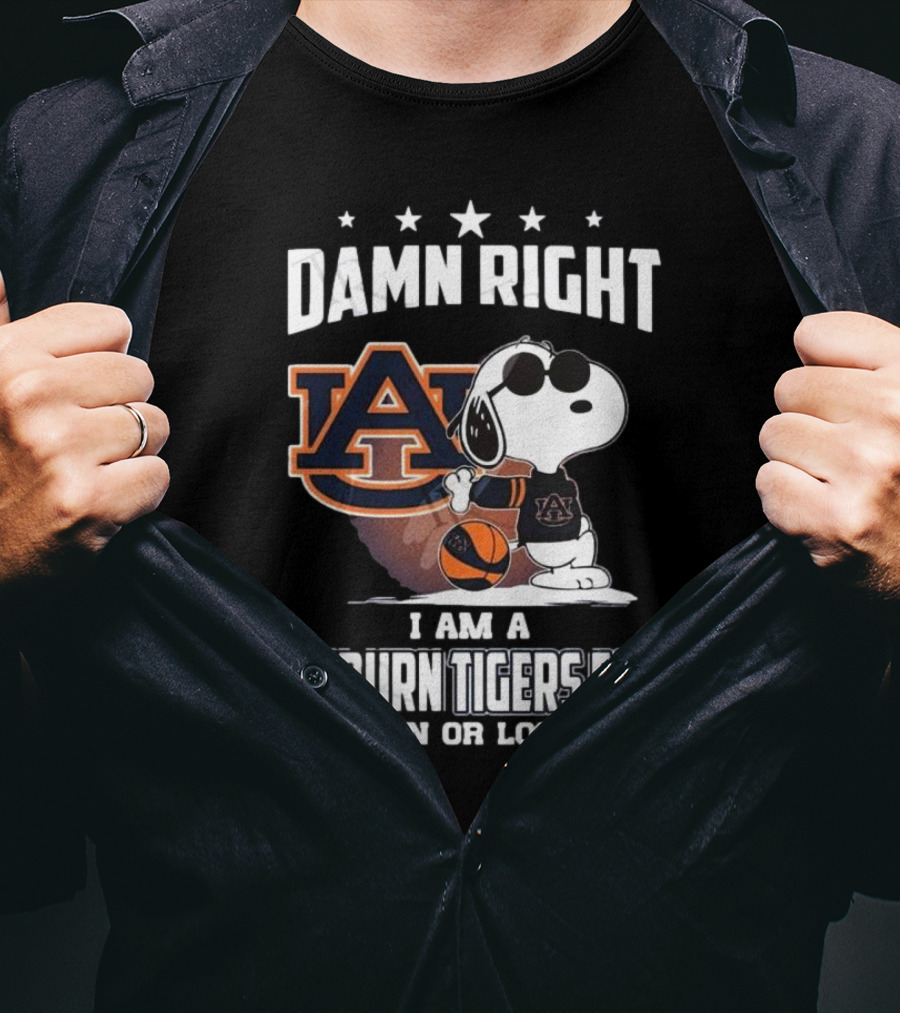 Damn Right I Am A Auburn Tigers Fan Win Or Lose Snoopy Auburn Logo T-Shirt