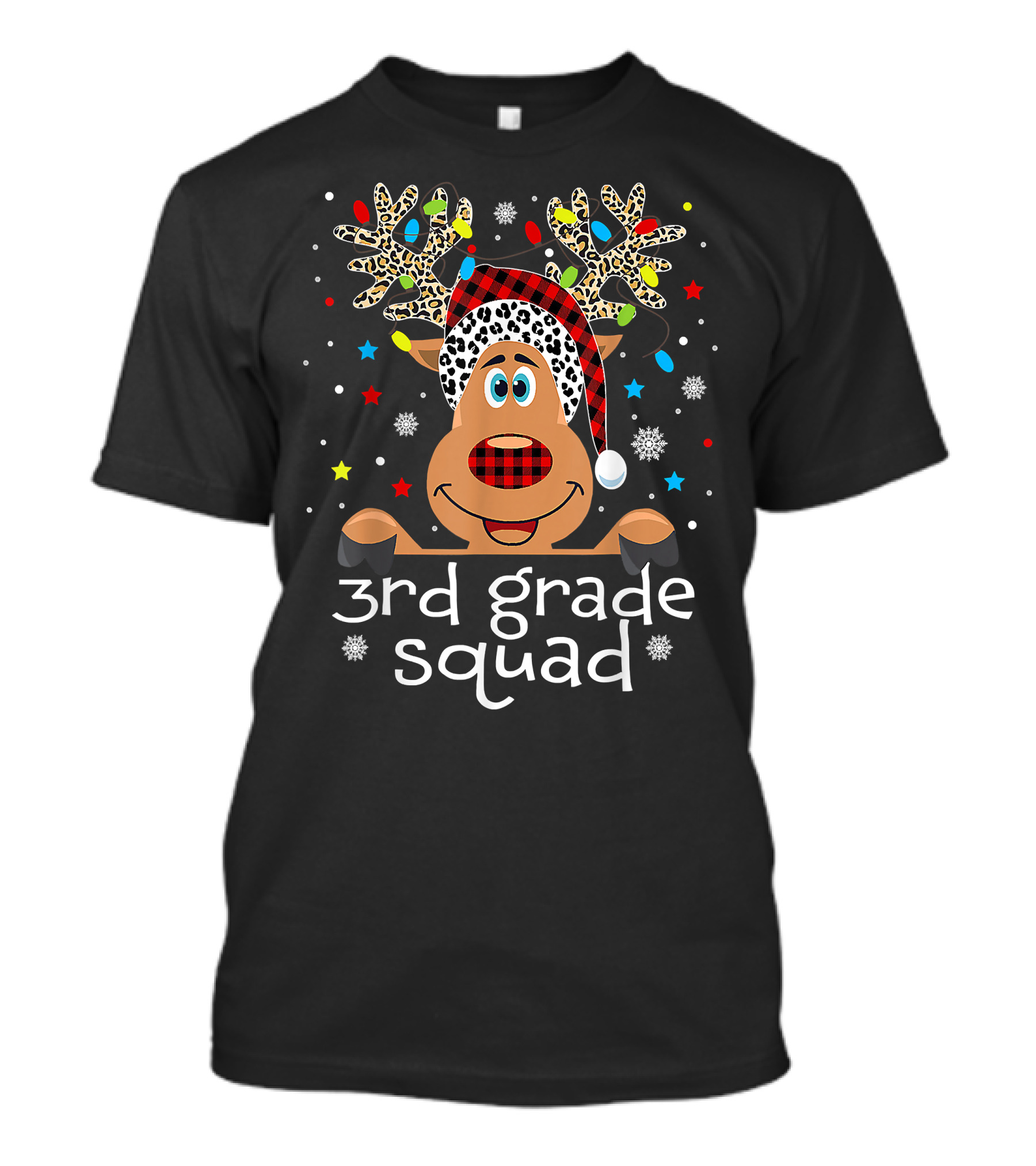 3rd Grade Squad Santa Hat Plaid Reindeer Christmas Teacher T-Shirt