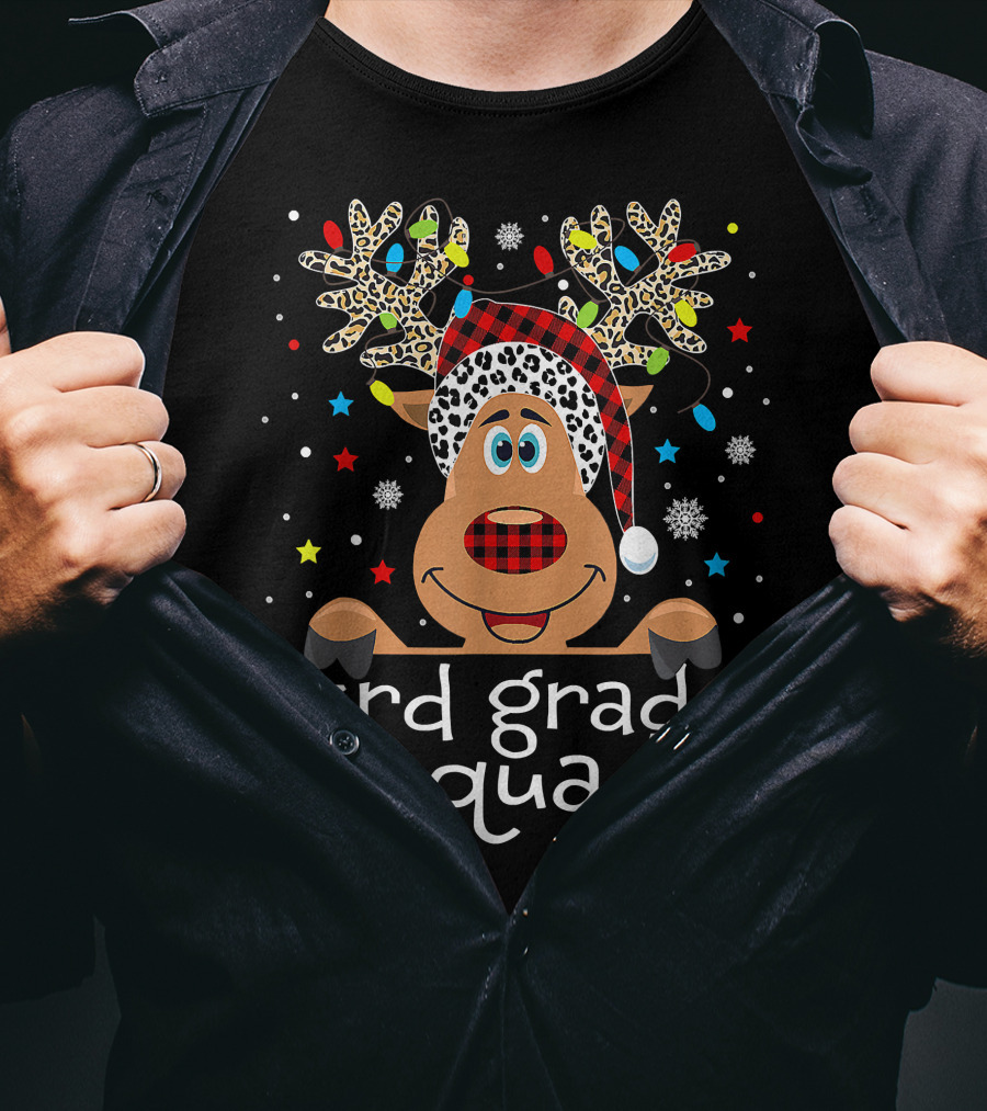3rd Grade Squad Santa Hat Plaid Reindeer Christmas Teacher T-Shirt