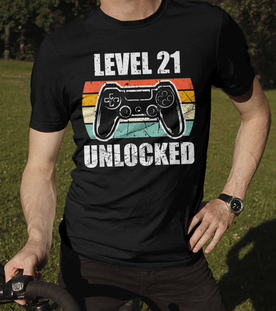 Level 21 Unlocked Vintage Gaming Controller 21st Birthday Gamer T-Shirt