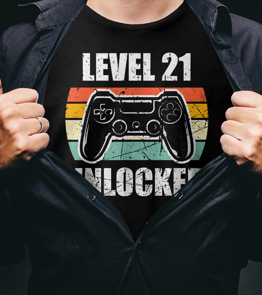 Level 21 Unlocked Vintage Gaming Controller 21st Birthday Gamer T-Shirt