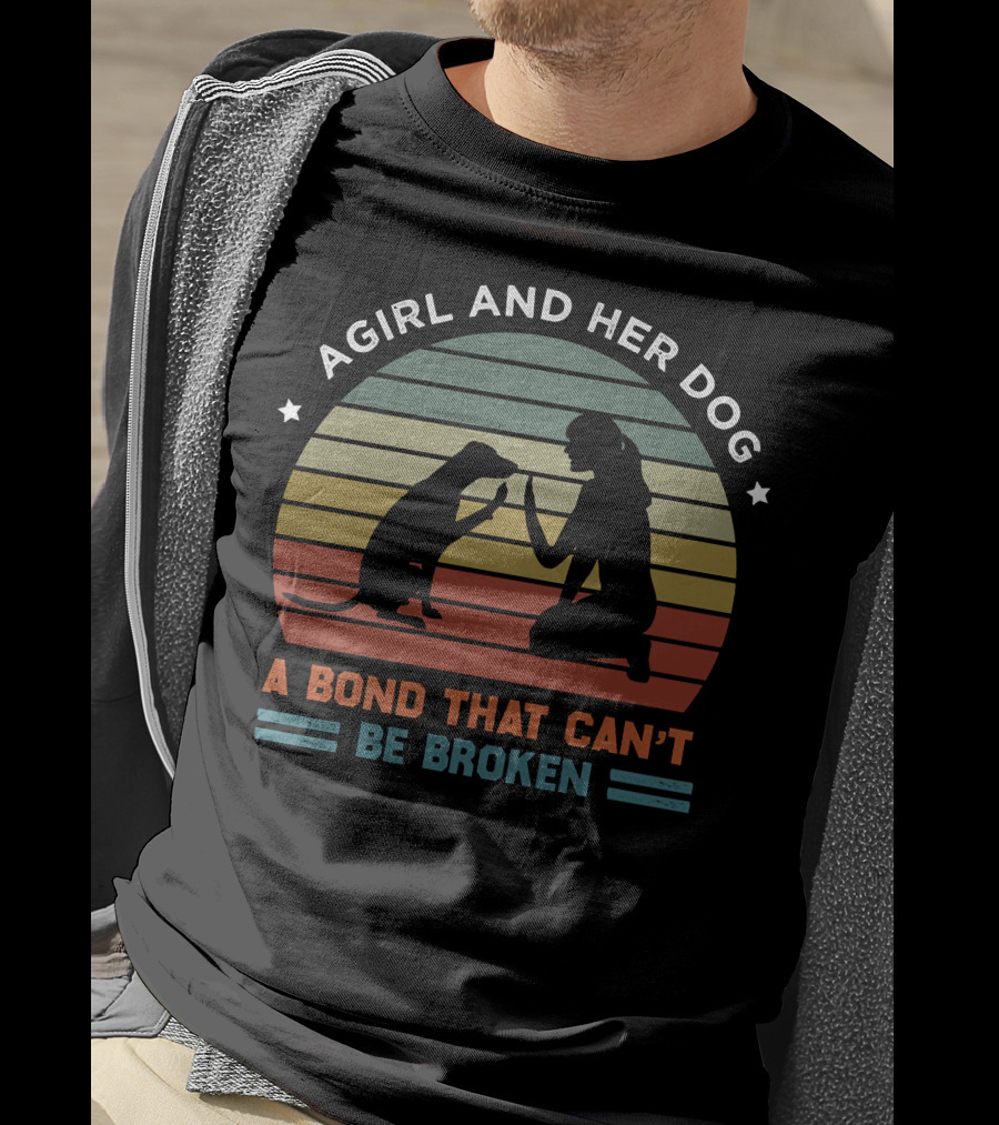 A Girl And Her Dog A Bond That Can't Be Broken Vintage Dog Silhouette Retro Stripes T-Shirt