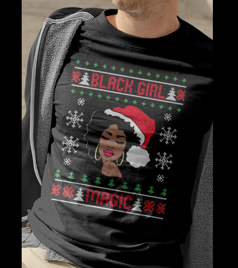 Black Girl Magic Afro Santa Claus Ugly Christmas Melanin T-Shirt