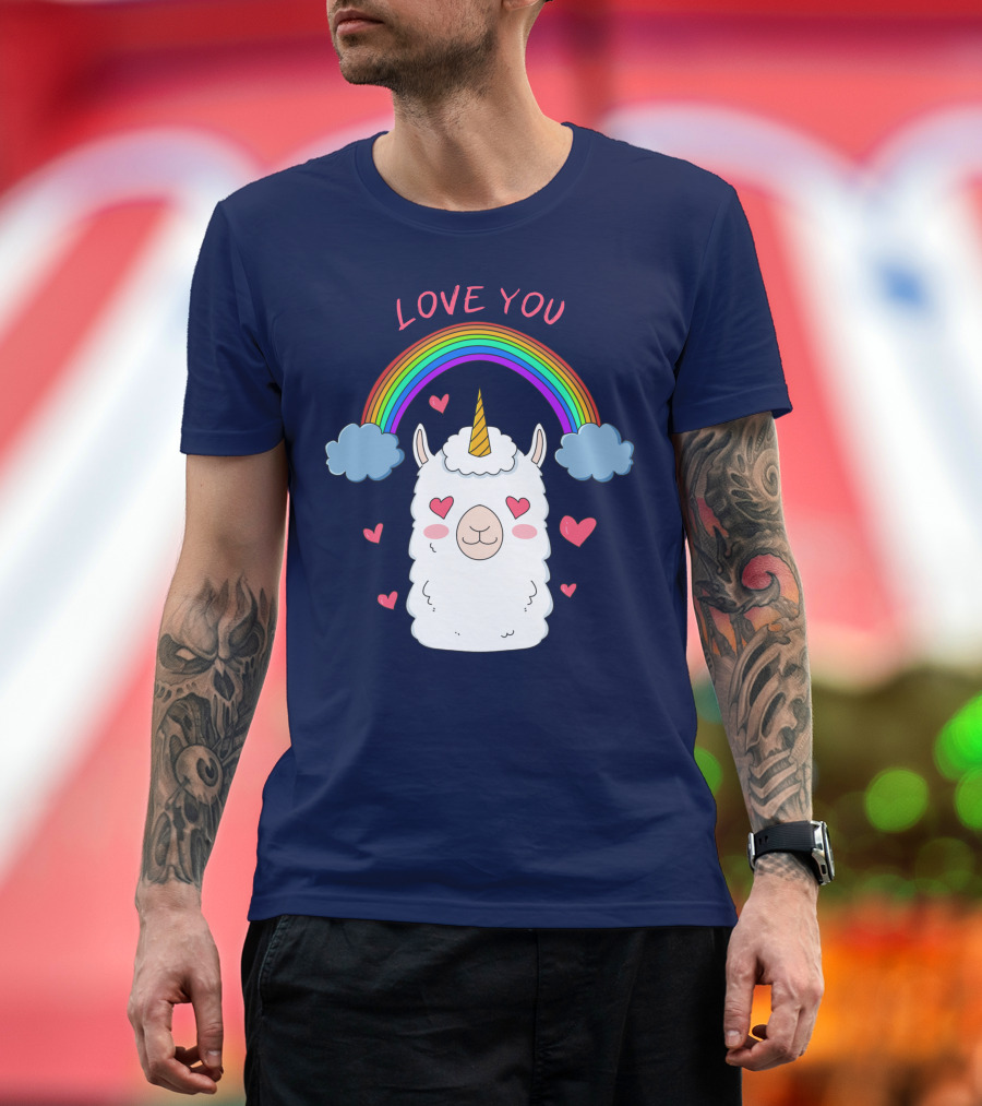 Love You Alpaca Unicorn Rainbow Cloud Hearts T-Shirt