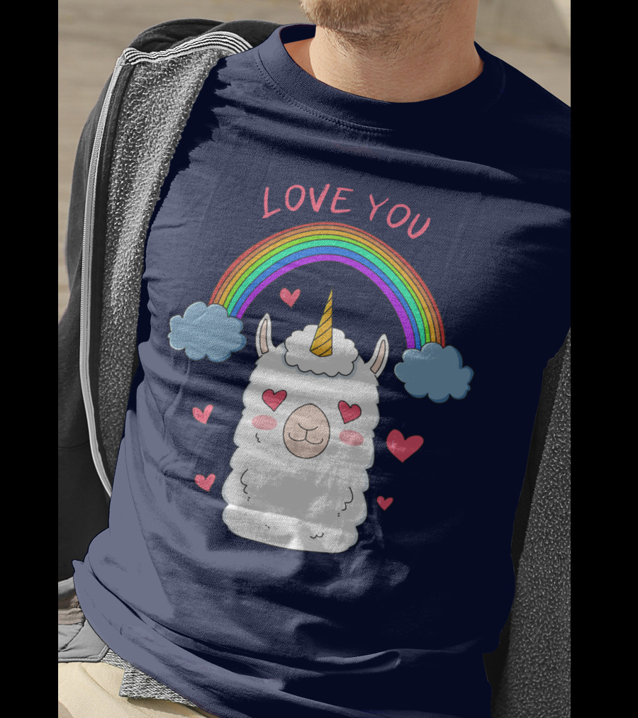 Love You Alpaca Unicorn Rainbow Cloud Hearts T-Shirt