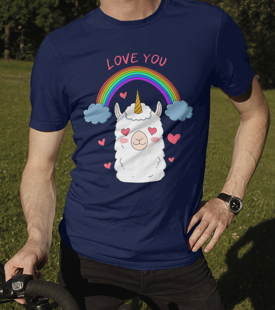Love You Alpaca Unicorn Rainbow Cloud Hearts T-Shirt
