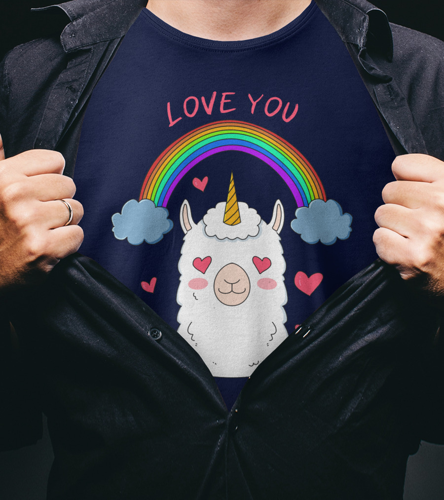 Love You Alpaca Unicorn Rainbow Cloud Hearts T-Shirt