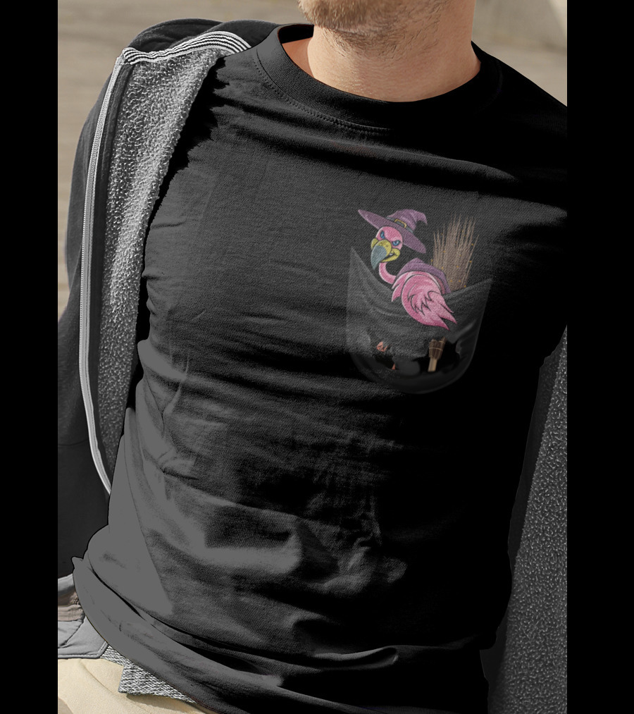 Flamingo In Witch Hat On Broomstick In Halloween Pocket T-Shirt