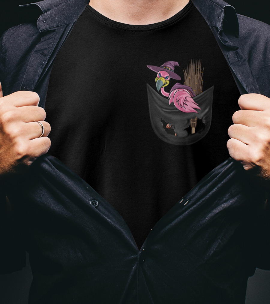 Flamingo In Witch Hat On Broomstick In Halloween Pocket T-Shirt