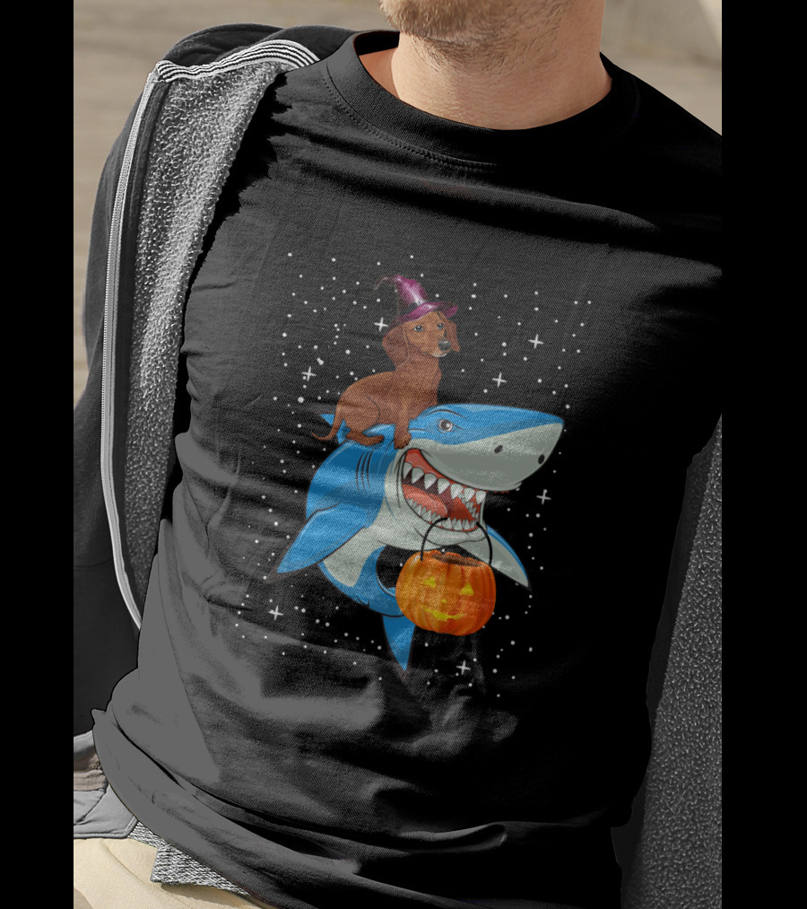 Dachshund Witch On Shark Carrying Jack-o'-Lantern In Starry Halloween Sky T-Shirt