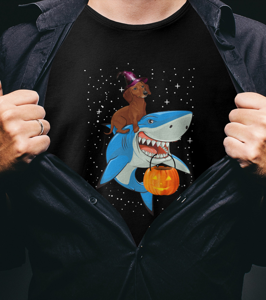 Dachshund Witch On Shark Carrying Jack-o'-Lantern In Starry Halloween Sky T-Shirt