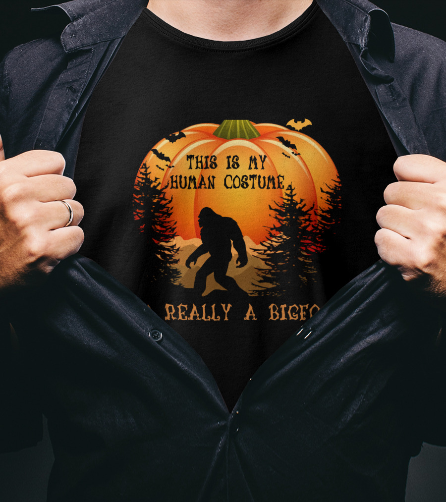 This Is My Human Costume I'm Really A Bigfoot Halloween Pumpkin Silhouette With Bats And Trees T-Shirt