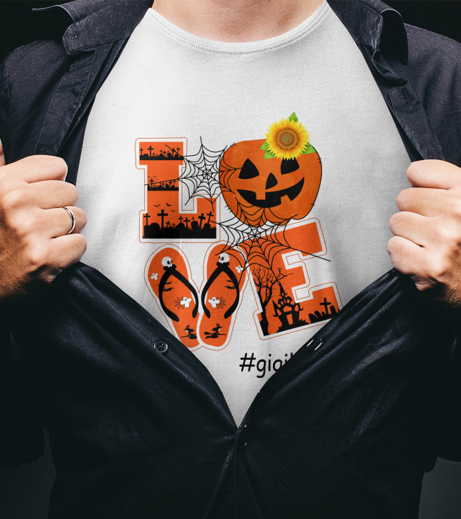 Love Pumpkin Halloween Theme #GigiLife With Spider Web And Sunflower T-Shirt
