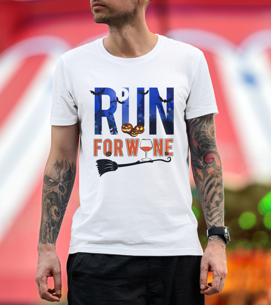Halloween Run For Wine With Bats, Pumpkins, Witch's Broom, And Wine Glass T-Shirt