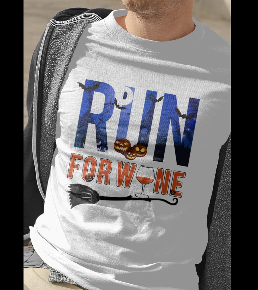 Halloween Run For Wine With Bats, Pumpkins, Witch's Broom, And Wine Glass T-Shirt