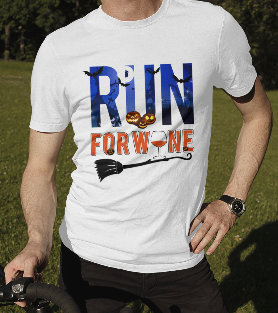 Halloween Run For Wine With Bats, Pumpkins, Witch's Broom, And Wine Glass T-Shirt