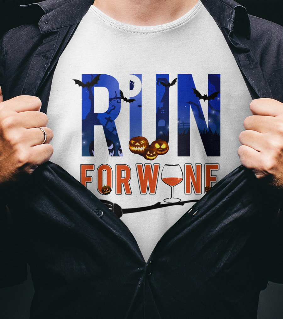 Halloween Run For Wine With Bats, Pumpkins, Witch's Broom, And Wine Glass T-Shirt