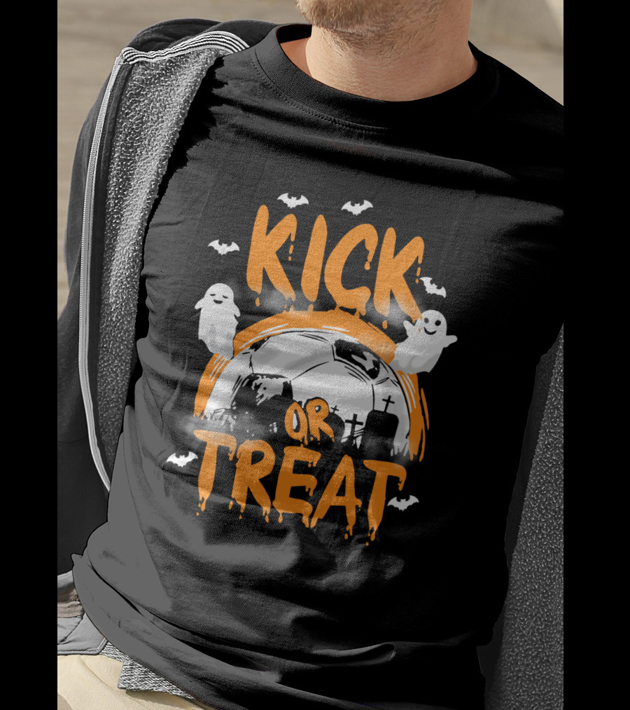 Kick Or Treat Halloween Soccer Theme Ghosts And Bats T-Shirt