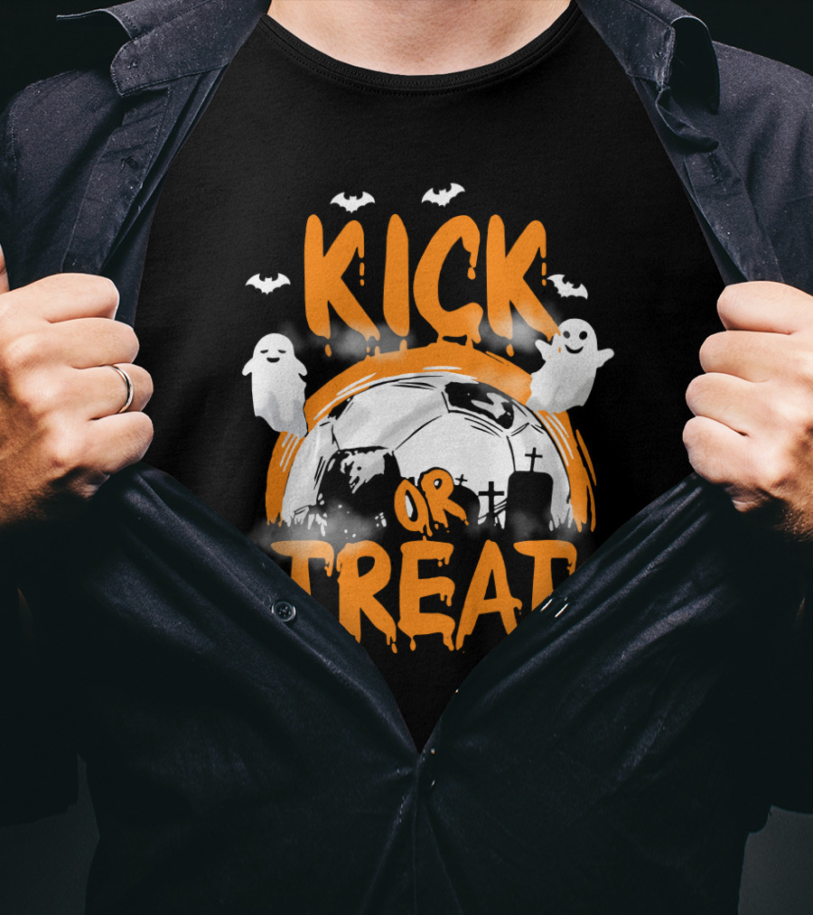 Kick Or Treat Halloween Soccer Theme Ghosts And Bats T-Shirt