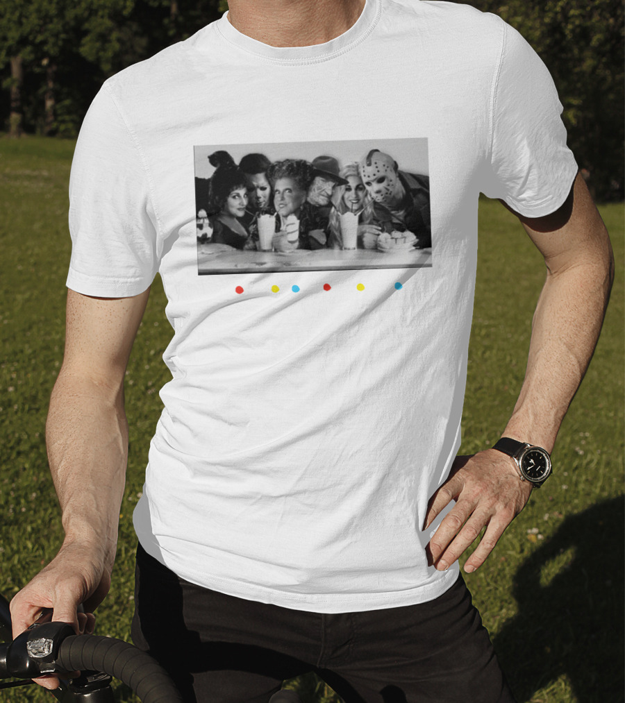 Hocus Pocus Friends Horror Icons At Diner Retro Milkshake Gathering T-Shirt