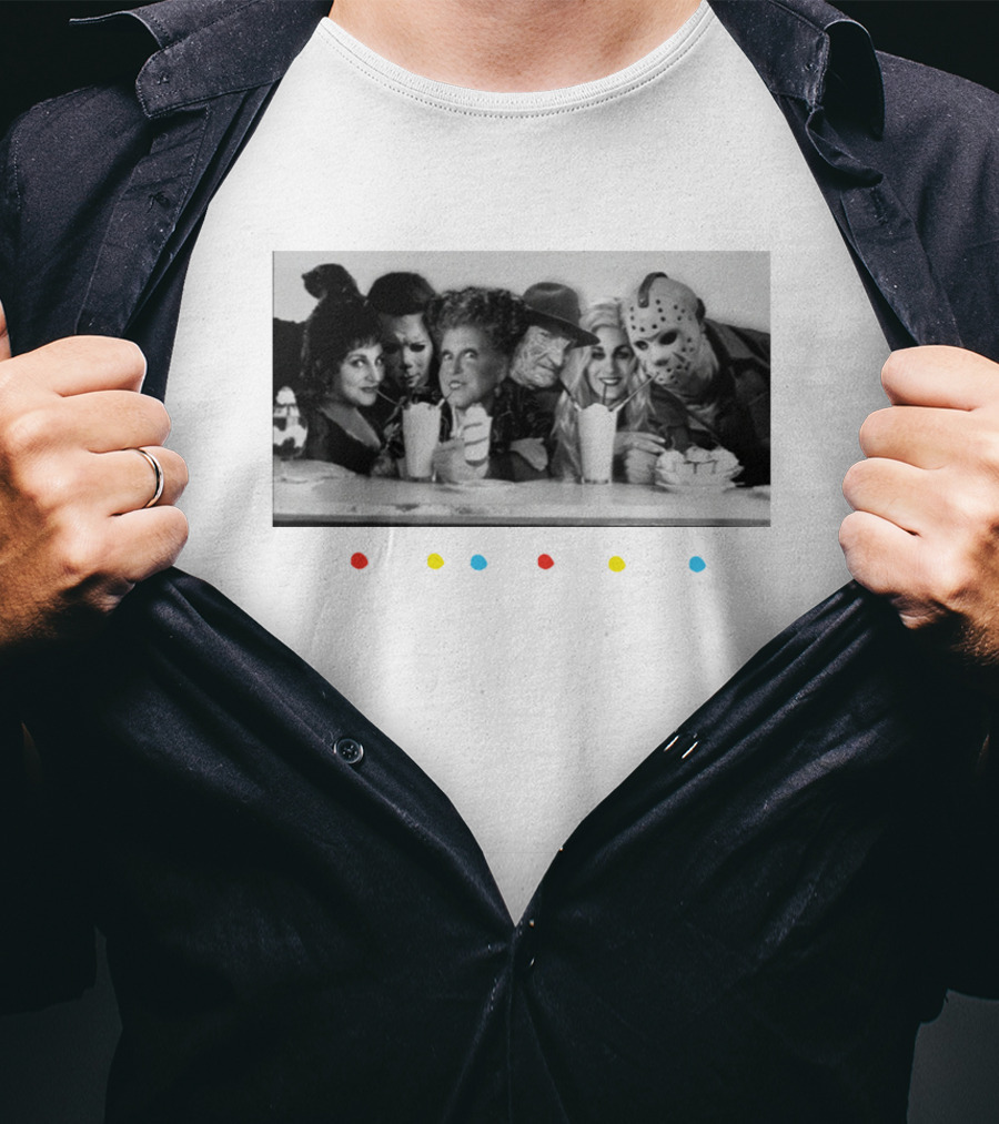 Hocus Pocus Friends Horror Icons At Diner Retro Milkshake Gathering T-Shirt