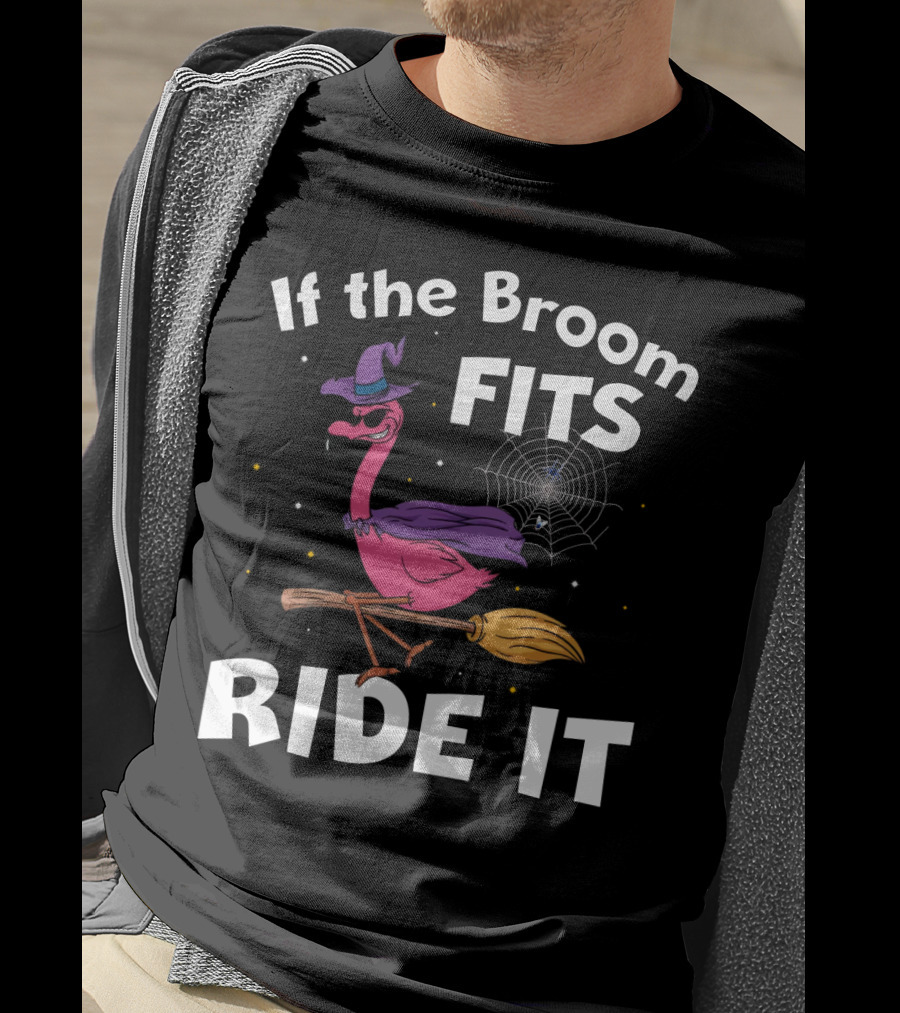 If The Broom Fits Ride It Flamingo Witch Hat Broomstick Halloween T-Shirt