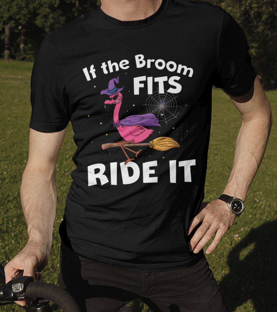 If The Broom Fits Ride It Flamingo Witch Hat Broomstick Halloween T-Shirt
