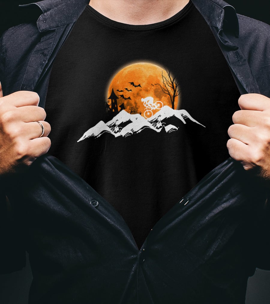 Mountain Biking Halloween Adventure Full Moon Haunted Castle Bats Scenic Ride T-Shirt