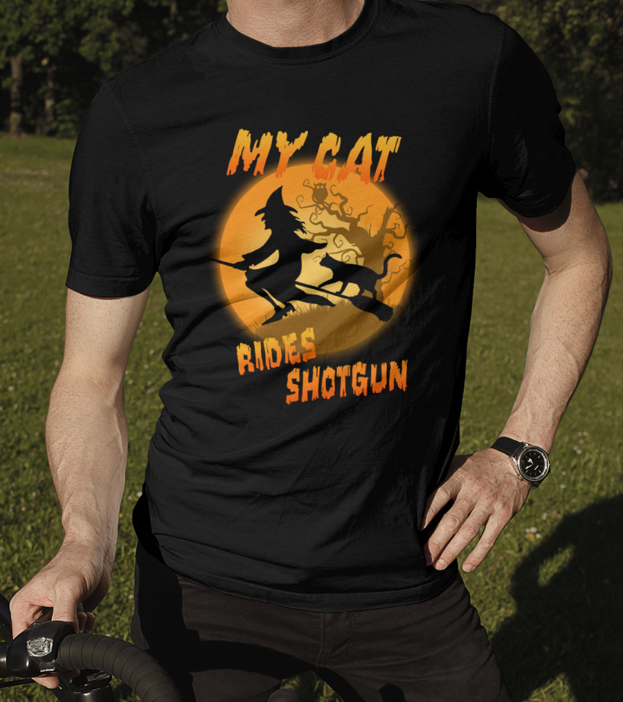 Witch And Cat Flying At Night With My Cat Rides Shotgun Silhouette Moon Scene T-Shirt