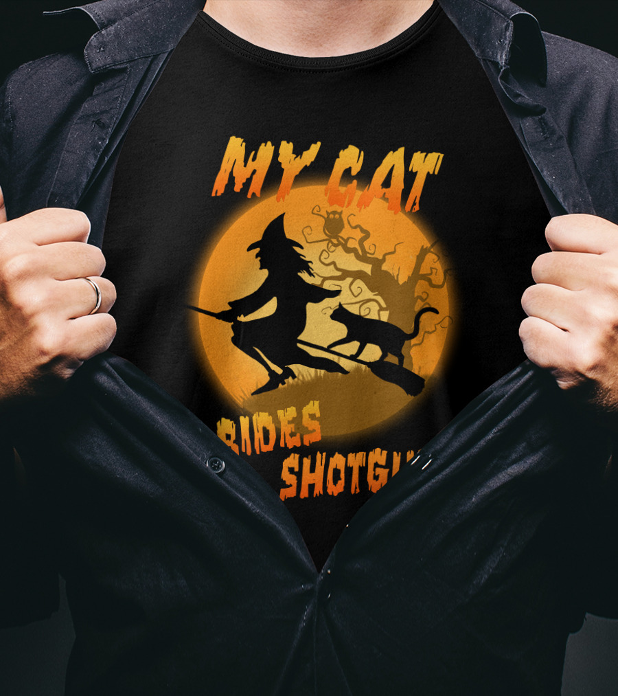 Witch And Cat Flying At Night With My Cat Rides Shotgun Silhouette Moon Scene T-Shirt